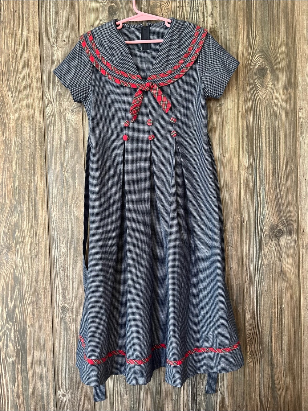 Girls Navy Sailor-Style Dress with Red Trim